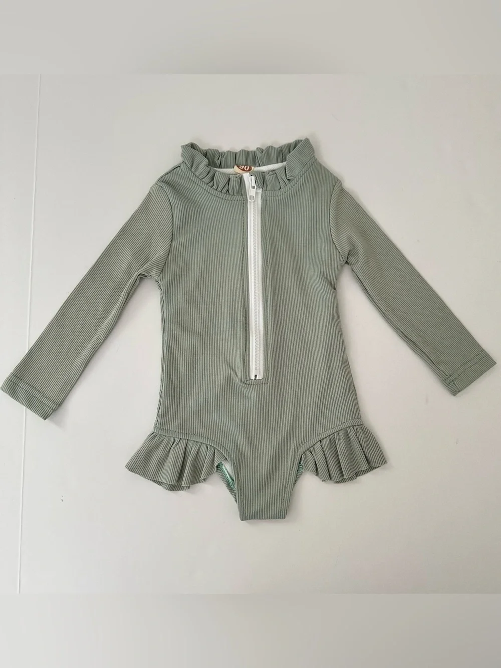 NWOT Baby Girl Long-Sleeve Sage Green‎ Ruffle Swim Rashguard One-Piece